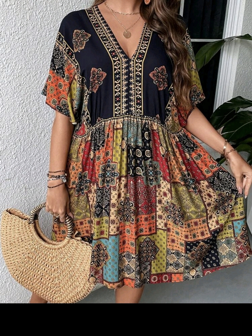 Boho V-Neck Swing Dress in Multicolor Very Soft Xl - Picture 3 of 3